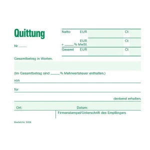 Quittungsblock RNK 3029, fortlaufend nummeriert, MwSt. separat, selbstdurchschreibend, 2×50 Blatt
